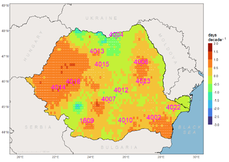 The number of days per decade with changes in R10mm. The scale indicates negative trends in blue, no trends in yellow, and positive trends in red. The white dot inside each grid pixel represents the computed statistically significant trend for p < 0.05.